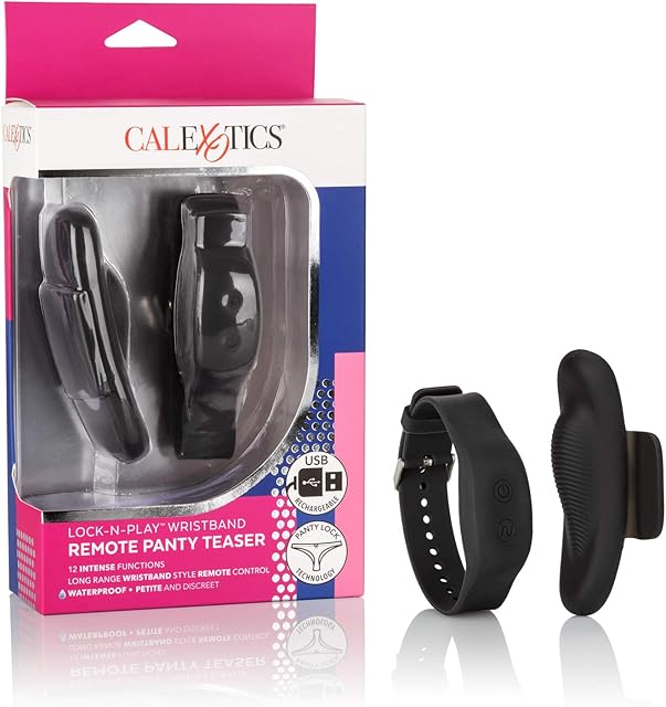 CalExotics Lock N Play Wristband Remote Panty Teaser- Waterproof Silicone Sex Toys for Couples - 12 Vibe Function Adult Remote Vibe Massager - Black, 1Count
