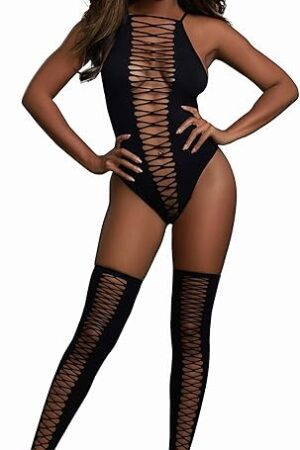 Women's Opaque Seamless Criss-Cross Teddy and Matching Stockings Set, One Size Black
