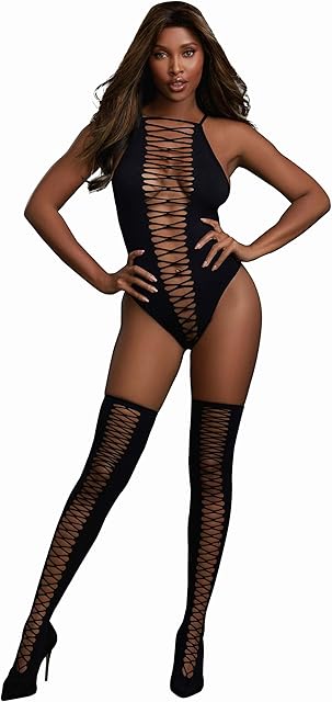 Women's Opaque Seamless Criss-Cross Teddy and Matching Stockings Set, One Size Black
