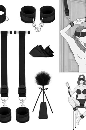 BDSM Bondage Restraints Set - ISEXSE 7pc SM Kit with Adjustable Collar, Wrist & Ankle Cuffs, Tickle Blindfold & Door Swing for Couples, Bedroom Play, Sensual Games for Men and Women Sex Toys