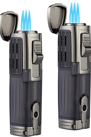 Cigar Lighter Triple Jet Flame Torch Lighter Refillable Butane Lighter with Cigar Punch, 2 Pack, Charcoal