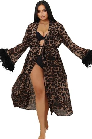 Lace Kimono Robe Leopard Print Robe Sexy Lingerie for Women Long Lace Cover Up Gown Lingerie