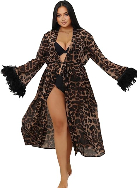 Lace Kimono Robe Leopard Print Robe Sexy Lingerie for Women Long Lace Cover Up Gown Lingerie