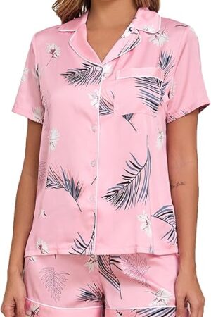 Womens Satin Silk Pajamas Set Button Down Short Sleeve Sleepwear Soft 2 Piece Pjs Set S-XXL