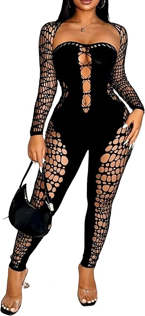 Women Fishnet Bodysuit Mesh Badydoll Soft Nightwear Lingerie One Piece Outfit