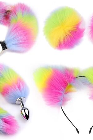 Fox Tail Anal Plug Butt Plug 4Pcs Set Sex Fox Tail Anales Plug Toys Butt Plugs with Cat Ears Headband Collar Nipple Paste (Yellow)