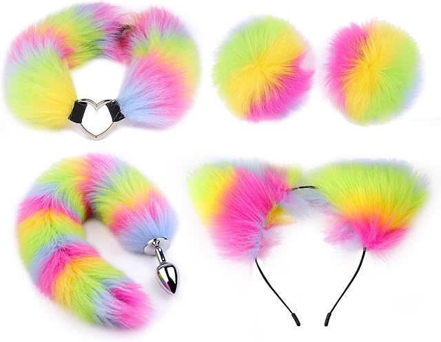 Fox Tail Anal Plug Butt Plug 4Pcs Set Sex Fox Tail Anales Plug Toys Butt Plugs with Cat Ears Headband Collar Nipple Paste (Yellow)