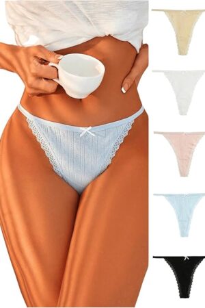 Women's 5 Pack Lace Trim Bow Front G String Thong Sexy Underwear Solid Panties