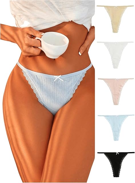 Women's 5 Pack Lace Trim Bow Front G String Thong Sexy Underwear Solid Panties
