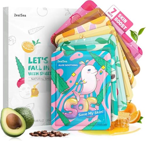 ZealSea Face Masks Skincare, Facial Masks for Women Skin Care, Sheet Masks Beauty with Natural Ingredients, Birthday Party Spa Gift for Kids Teens Girls, Hydrate and Soothe for All Skin Types 7 Pack