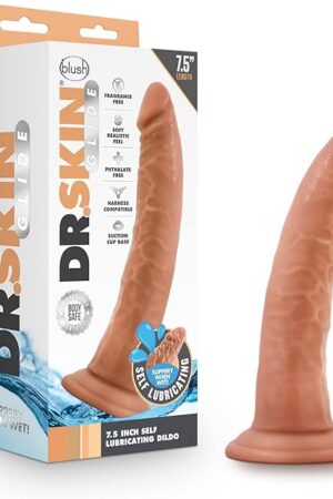 Blush Dr. Skin Glide 7.5" Self-Lubricating Dildo - Feels Like Skin Realistic Penis, Suction Cup, O-Ring Compatible Anal, Vaginal Cock, Body Safe TPE - Adult Sex Toy for Women, Men, Couples - (Mocha)
