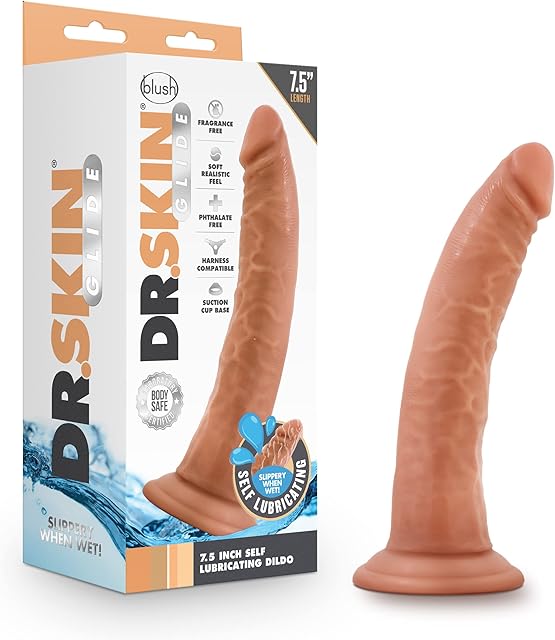 Blush Dr. Skin Glide 7.5" Self-Lubricating Dildo - Feels Like Skin Realistic Penis, Suction Cup, O-Ring Compatible Anal, Vaginal Cock, Body Safe TPE - Adult Sex Toy for Women, Men, Couples - (Mocha)