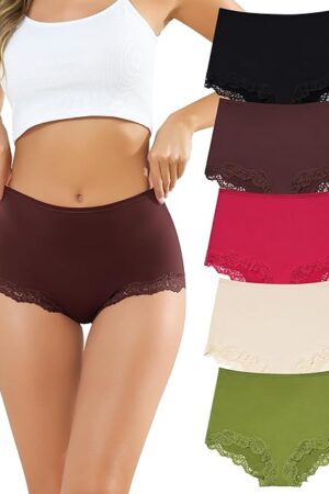 Womens High Waisted Underwear Stretchy Boxer Panties Lace Full Covreage Briefs 5 Pack S-XL