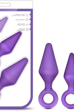 Blush Candy Rimmer Silicone Butt Plug Kit - Ultrasilk 3 Sizes Beginner Anal Training Set - Flexible Soft Tip (S, M, L) Prostate Massager Loop Handle Plugs - Women, Men, Couples Adult Sex Toy -(Purple)
