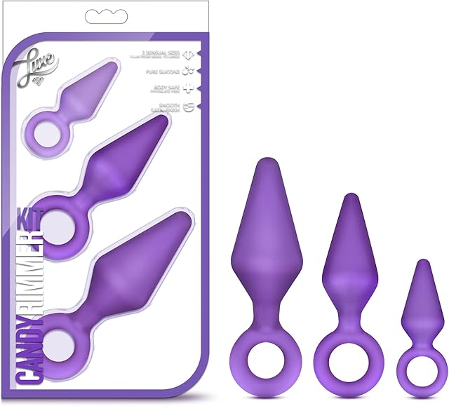 Blush Candy Rimmer Silicone Butt Plug Kit - Ultrasilk 3 Sizes Beginner Anal Training Set - Flexible Soft Tip (S, M, L) Prostate Massager Loop Handle Plugs - Women, Men, Couples Adult Sex Toy -(Purple)