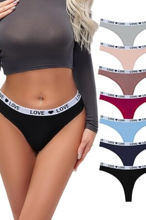 Women's Low Rise Thong Bikini Underwear Cotton Sexy Panties with Love Print Waistband (XS-XL)
