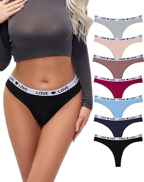 Women's Low Rise Thong Bikini Underwear Cotton Sexy Panties with Love Print Waistband (XS-XL)