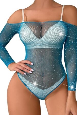 Fishnet Sparkle Rhinestone Off-Shoulder Bodysuit Lingerie for Women Long Sleeve Shine Mesh Teddy Lingerie