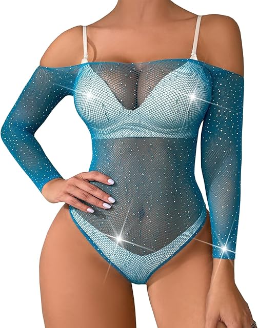 Fishnet Sparkle Rhinestone Off-Shoulder Bodysuit Lingerie for Women Long Sleeve Shine Mesh Teddy Lingerie
