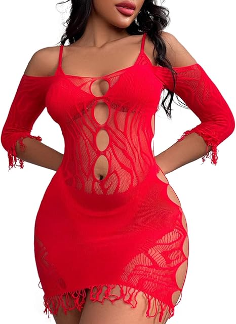Women Sexy Fishnet Lingerie Rhinestone Chemise Babydoll Bodysuit Lace Smock Lingerie for Women Mini Sleepwear Nightwear