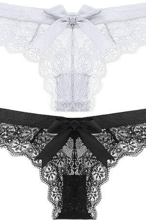 2Pcs Women Sexy Panties Lace Bow Briefs Thongs Underwear T-Back Low Waist V-Shape Breathable 2-Pack