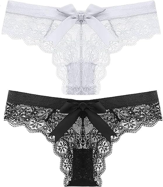 2Pcs Women Sexy Panties Lace Bow Briefs Thongs Underwear T-Back Low Waist V-Shape Breathable 2-Pack