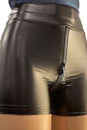 Ladies Fashion Sexy Black Pc Leather Crotch Pants Zipper Shorts Skirt Shorts for Women