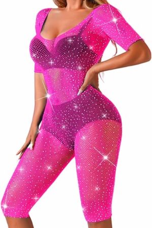 Fishnet Romper For Women,Rhinestone Sparkly Sheer Mesh Sexy Bodysuit,Rave Outfits Exotic Dancewear Night Club