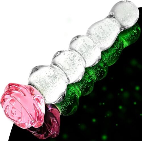Anal Beads Glass Dildo – Beaded Anal Plug with Rose Base – 8 Inch Dildo Glow in The Dark Anal Toy for Temperature Play – Sex Toys for Women, Couples, Beginners, Gay or Lesbian Users