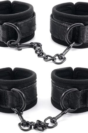 Black Leather Sex Wrist Cuffs and Ankle Cuffs for SM Games, Women and Men's Bondage Cuffs for Sex Games, Leather SM Cuffs for Bondage Restraints, Bondage Handcuffs and Ankle Cuffs Set (Color-1)
