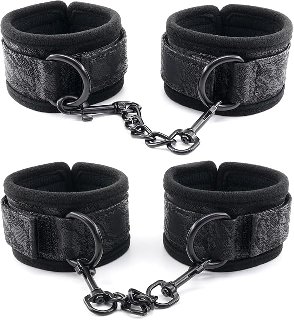 Black Leather Sex Wrist Cuffs and Ankle Cuffs for SM Games, Women and Men's Bondage Cuffs for Sex Games, Leather SM Cuffs for Bondage Restraints, Bondage Handcuffs and Ankle Cuffs Set (Color-1)
