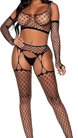 Women's 3 Pc Fishnet Crop Top, Garter Stockings, Gloves Set, Black, One Size