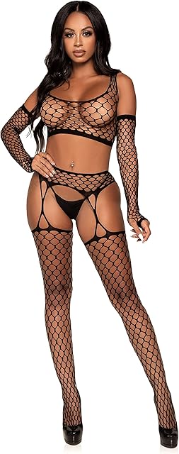 Women's 3 Pc Fishnet Crop Top, Garter Stockings, Gloves Set, Black, One Size