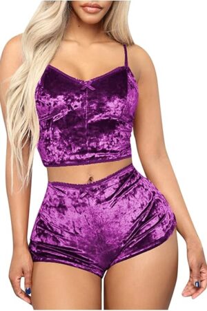 Women Sexy Strappy Babydoll Lingerie Velvet Pajama Set Camisole with Shorts Set Nightwear 2 Piece Sleepwear