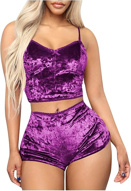 Women Sexy Strappy Babydoll Lingerie Velvet Pajama Set Camisole with Shorts Set Nightwear 2 Piece Sleepwear