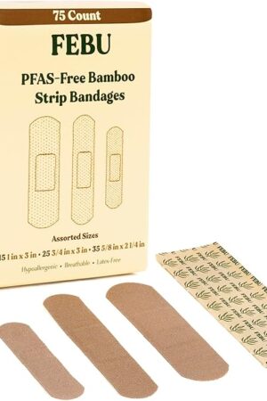 FEBU Eco-Friendly Bamboo Fabric Bandages | PFAS Free Flexible Fabric Bandages | Natural Hypoallergenic Bandage for Scrapes, Cuts & First Aid | Fully Compostable, Latex Free Bandage | 75 Count Strip