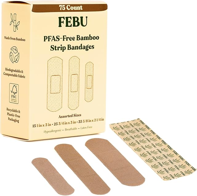 FEBU Eco-Friendly Bamboo Fabric Bandages | PFAS Free Flexible Fabric Bandages | Natural Hypoallergenic Bandage for Scrapes, Cuts & First Aid | Fully Compostable, Latex Free Bandage | 75 Count Strip