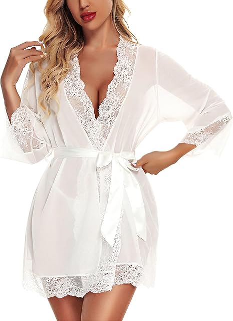 Women Lace Kimono Robe Babydoll Chemise Lingerie Bride Robe for Wedding Party