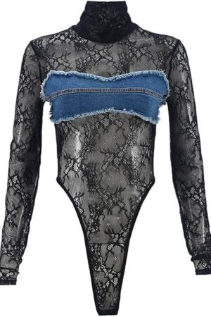 Women Long Sleeve Lace Bodysuit Top Mock Turtle Neck See Through Mesh Body Suits Jumpsuit