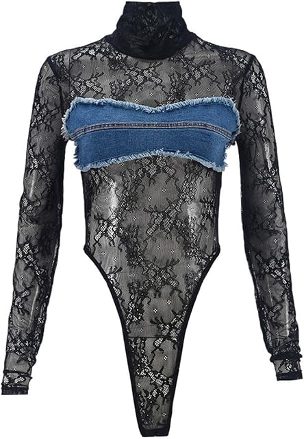 Women Long Sleeve Lace Bodysuit Top Mock Turtle Neck See Through Mesh Body Suits Jumpsuit