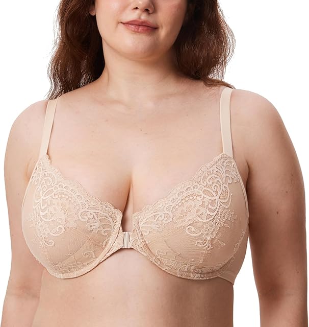Women's Front Closure Lace Underwire Sheer Bras Plus Size Full Coverage Sexy Plunge Unlined Bra