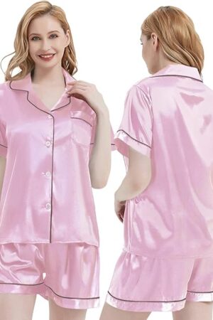 Womens Silk Satin Pajamas Short Sleeve Sleepwear Bride Soft Button Down Loungewear 2 Piece Pjs Set XS-3XL
