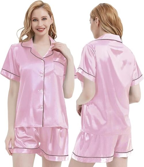 Womens Silk Satin Pajamas Short Sleeve Sleepwear Bride Soft Button Down Loungewear 2 Piece Pjs Set XS-3XL