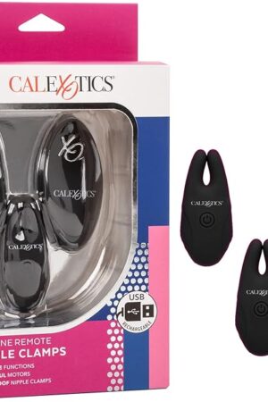 CalExotics Silicone Remote Nipple Clamps, Rechargeable 12-Function Waterproof Silicone Independently Operated Nipple Vibrators - Black SE-0077-78-3