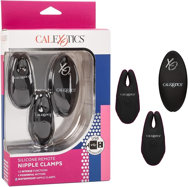 CalExotics Silicone Remote Nipple Clamps, Rechargeable 12-Function Waterproof Silicone Independently Operated Nipple Vibrators - Black SE-0077-78-3