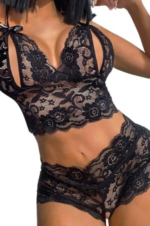 Women Sexy Babydoll Lace Lingerie Sexy Lingerie Set Two Piece Lace Bra and Panty Set Womens Pajamas Pants Set