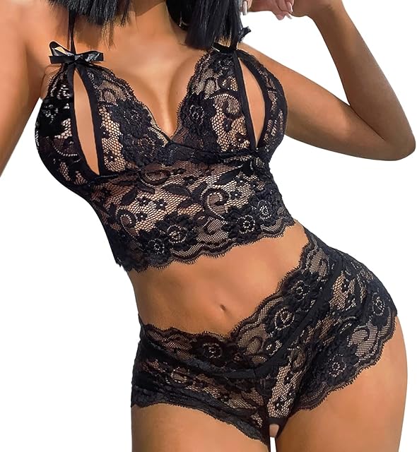 Women Sexy Babydoll Lace Lingerie Sexy Lingerie Set Two Piece Lace Bra and Sheer Cutout High Waisted Underwear