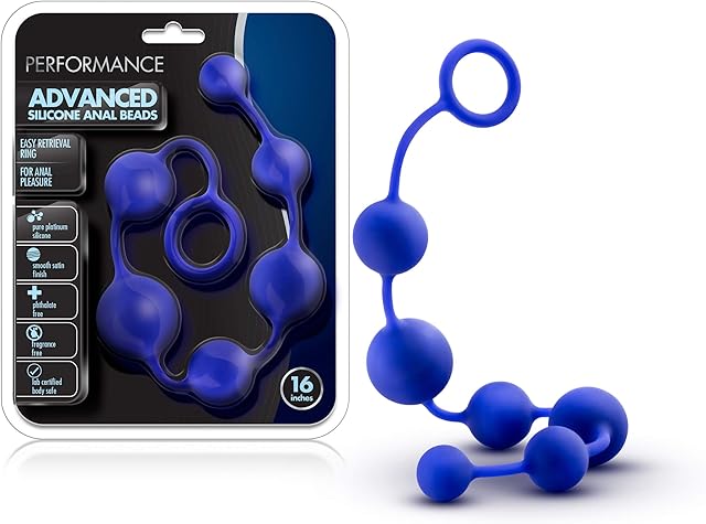 Blush Performance Puria Platinum Silicone 16 Inch Long Anal Beads - Silky Smooth Ultrasilk - Large Butt Beads Up To 1.5" Wide - Sturdy Pull Handle - Adult Sex Toy For Men Women Couples Play - Indigo