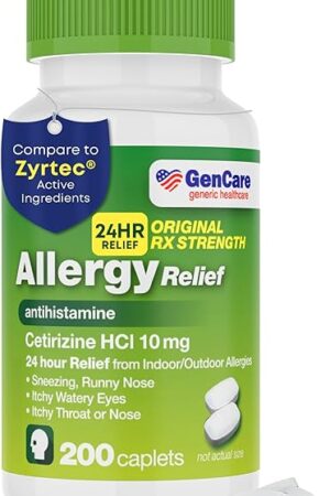 GenCare - Cetirizine HCL 10 mg (200 Caplets) - 24 Hour Allergy Relief Pills - Non Drowsy Generic OTC Allergy Medication - Antihistamine Medicine for Sneezing, Runny Nose & Itchy Eyes - Generic Zyrtec