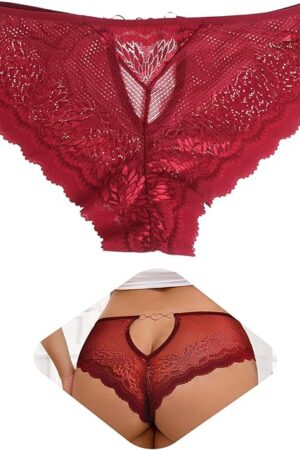 Womens Lace Boyshorts Panties Sexy Floral Plus Size Cheeky Underwear Back Cut Out Hipster Briefs Red